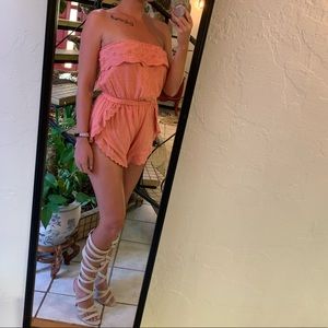 Strapless Coral Lace Romper